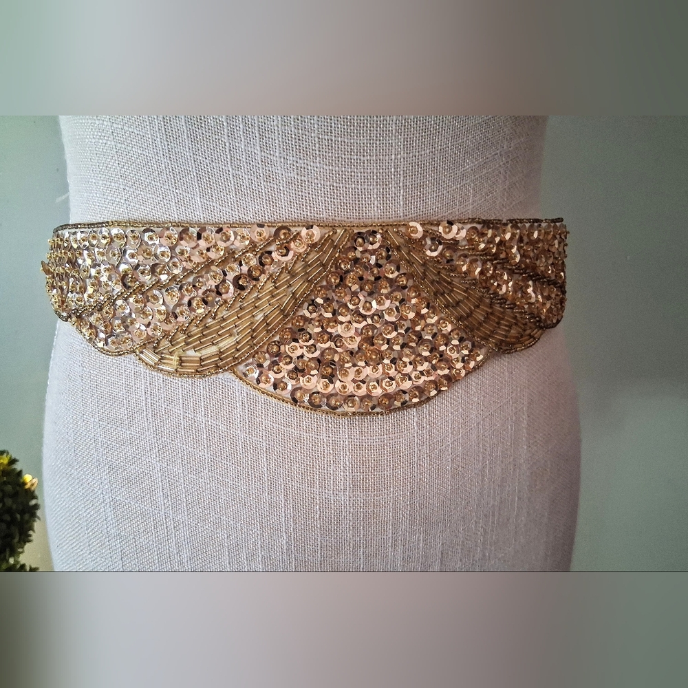 80s "Milor" Gold Sequin & Beaded Cummerbund Belt - Metallic Shades of Gold - Picture 6 of 9